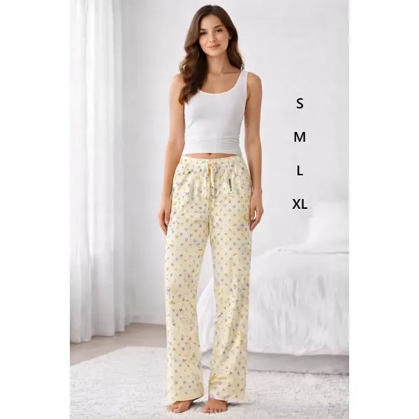 Viskon Pamuklu Kadın Açık Sarı Desenli Pijama Pantolon - MG010 - Mudanis