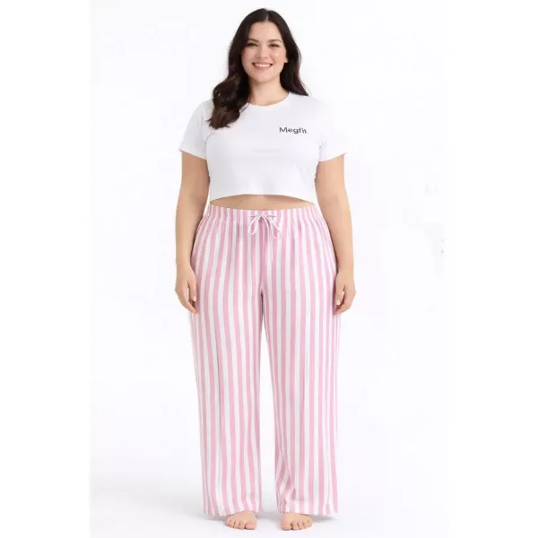 Viskon Pamuklu Kadın Büyük Beden Pudra Pembe Çizgili Pijama Pantolon - MGB004 - Mudanis