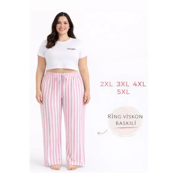 Viskon Pamuklu Kadın Büyük Beden Pudra Pembe Çizgili Pijama Pantolon - MGB004 - Mudanis