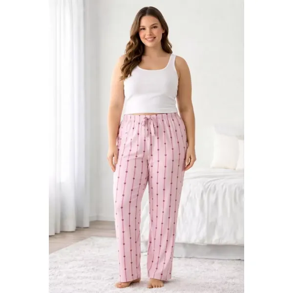 Viskon Pamuklu Kadın Büyük Beden Açık Pembe Desenli Pijama Pantolon - MGB007 - Mudanis