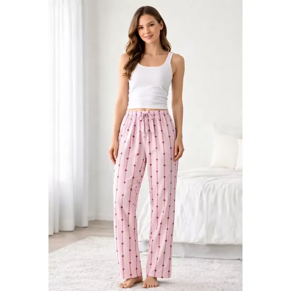 Viskon Pamuklu Kadın Açık Pembe Desenli Pijama Pantolon - MG007 - Mudanis