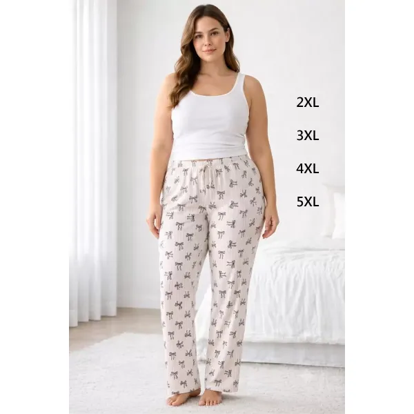 Viskon Pamuklu Kadın Büyük Beden Pudra Desenli Pijama Pantolon - MGB009 - Mudanis
