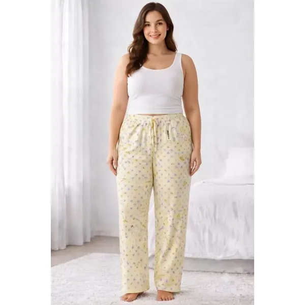 Viskon Pamuklu Kadın Büyük Beden Açık Sarı Desenli Pijama Pantolon - MGB010 - Mudanis