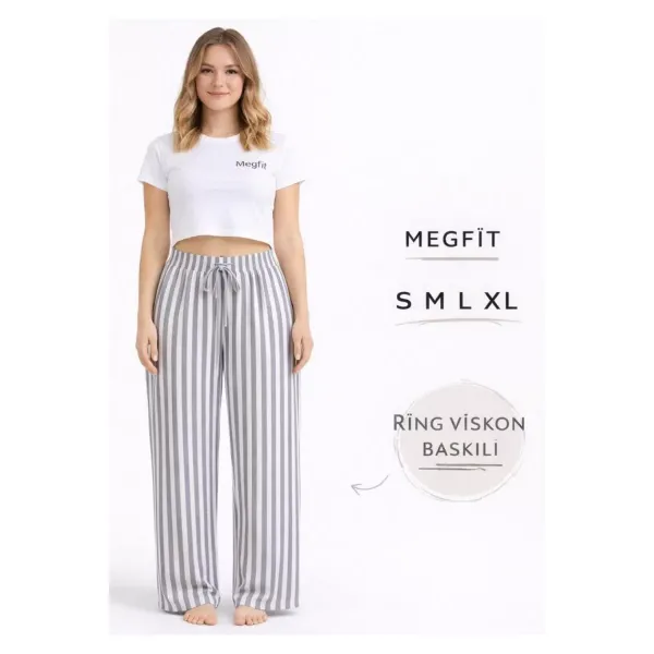 Viskon Pamuklu Kadın Açık Gri Çizgili Pijama Pantolon - MG006 - Mudanis
