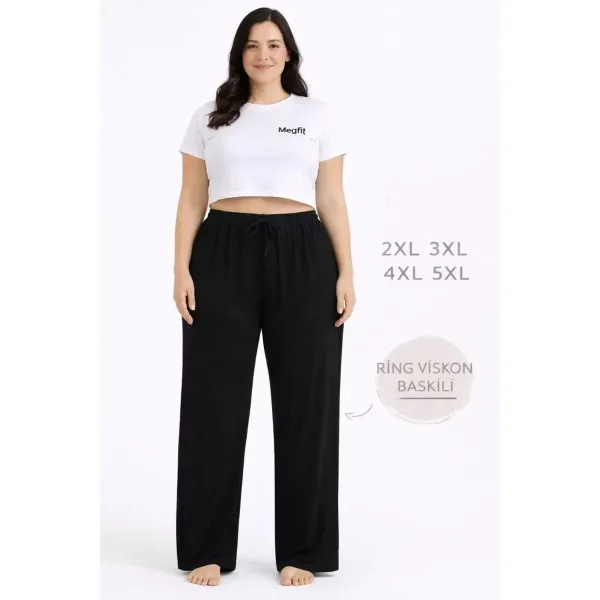 Viskon Pamuklu Kadın Büyük Beden Siyah Pijama Pantolon - MGB002 - Mudanis