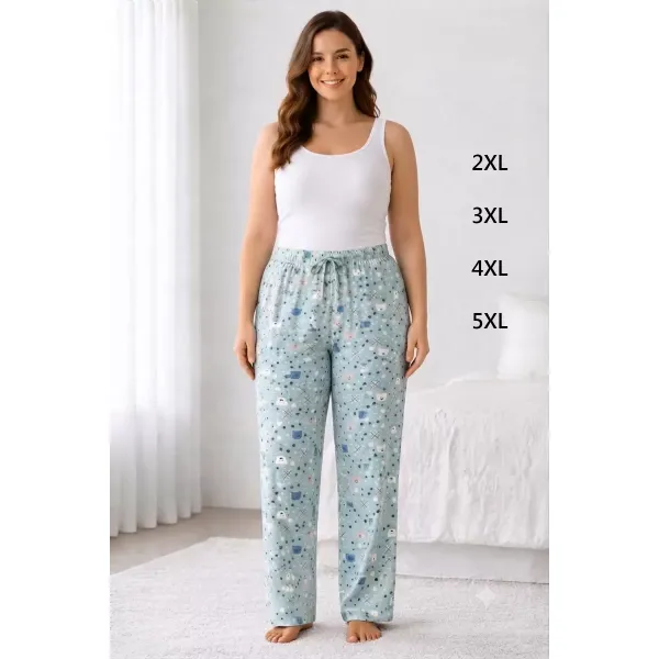 Viskon Pamuklu Kadın Büyük Beden Deniz Mavisi Desenli Pijama Pantolon - MGB012 - Mudanis