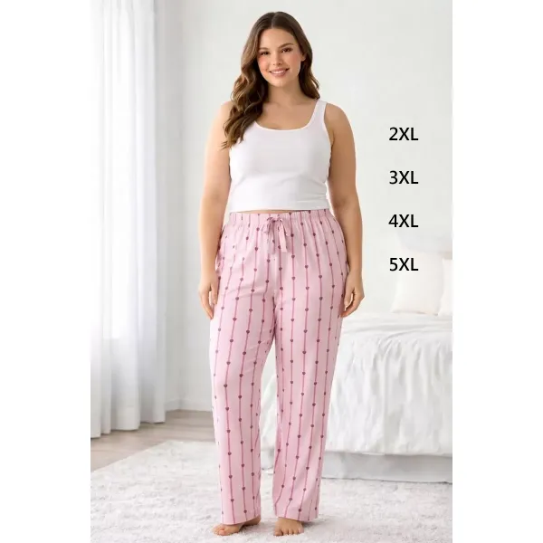 Viskon Pamuklu Kadın Büyük Beden Açık Pembe Desenli Pijama Pantolon - MGB007 - Mudanis