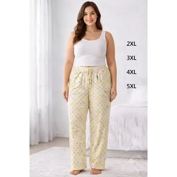 Viskon Pamuklu Kadın Büyük Beden Açık Sarı Desenli Pijama Pantolon - MGB010 - Mudanis