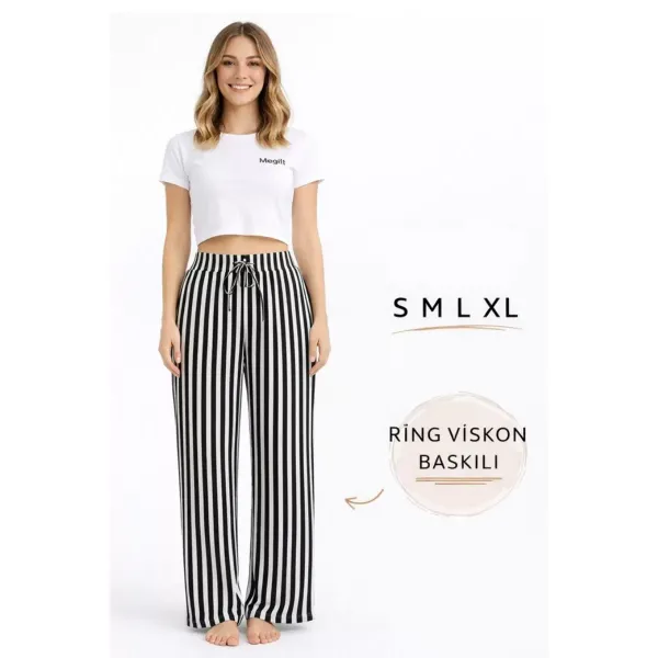 Viskon Pamuklu Kadın Siyah Çizgili Pijama Pantolon - MG001 - Mudanis