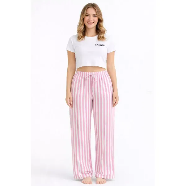 Viskon Pamuklu Kadın Pudra Pembe Çizgili Pijama Pantolon - MG004 - Mudanis