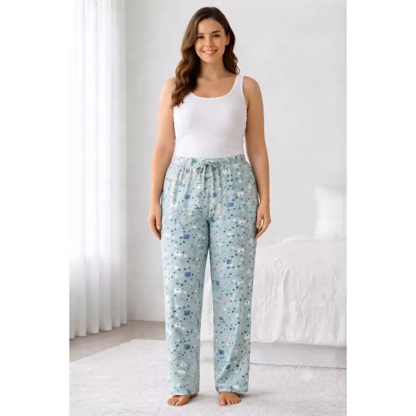 Viskon Pamuklu Kadın Büyük Beden Deniz Mavisi Desenli Pijama Pantolon - MGB012 - Mudanis
