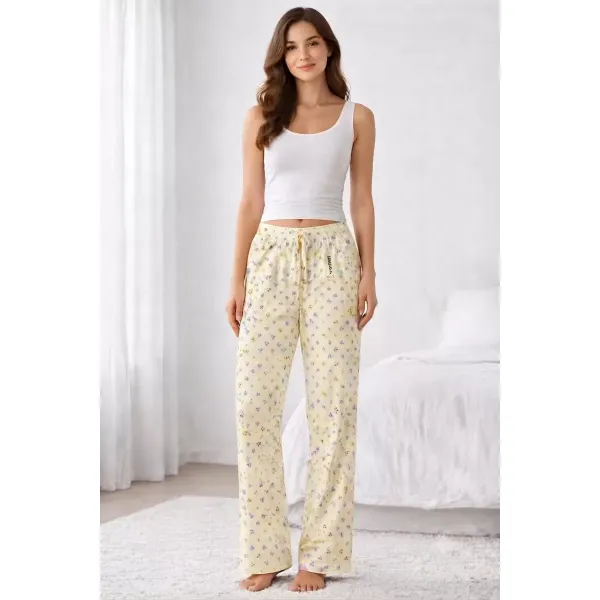 Viskon Pamuklu Kadın Açık Sarı Desenli Pijama Pantolon - MG010 - Mudanis