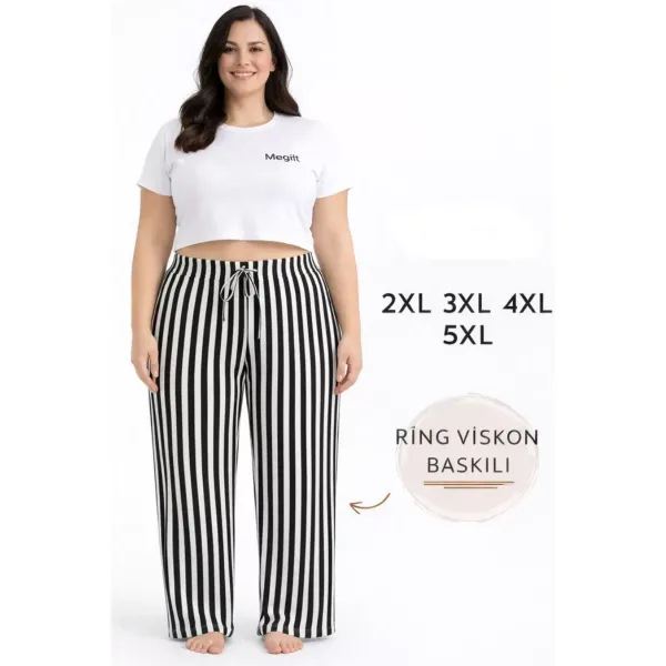 Viskon Pamuklu Kadın Büyük Beden Siyah Çizgili Pijama Pantolon - MGB001 - Mudanis