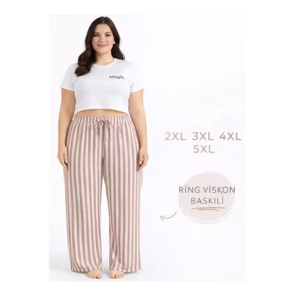 Viskon Pamuklu Kadın Büyük Beden Gül Kurusu Çizgili Pijama Pantolon - MGB003 - Mudanis
