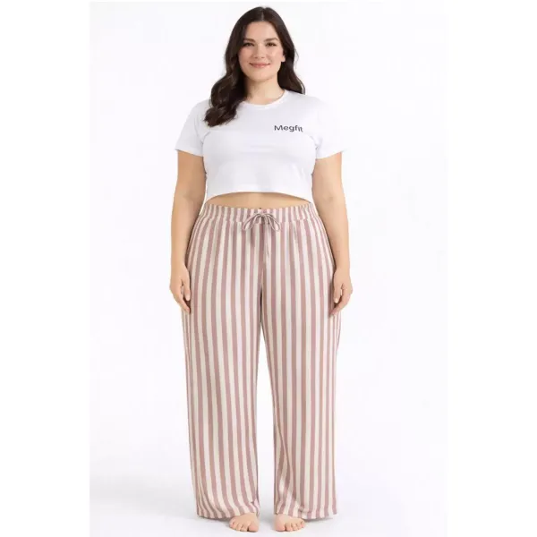 Viskon Pamuklu Kadın Büyük Beden Gül Kurusu Çizgili Pijama Pantolon - MGB003 - Mudanis