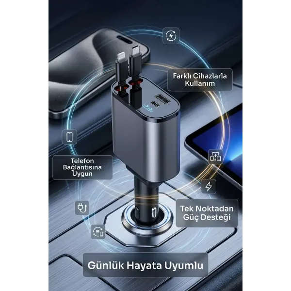 120w Hızlı Araç Şarj Cihazı | Çift Usb-c + Usb 3 Port Pd Hızlı Şarj Adaptörü