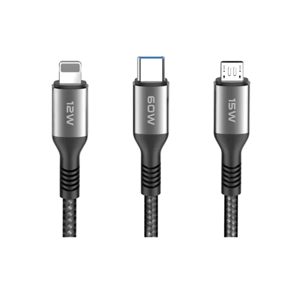 Dc62 3in1 Type-c To 60w Type-c / 12w Lightning / 15w Micro 1.2m Hızlı Şarj Kablo - Siyah
