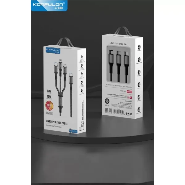 Dc62 3in1 Type-c To 60w Type-c / 12w Lightning / 15w Micro 1.2m Hızlı Şarj Kablo - Siyah