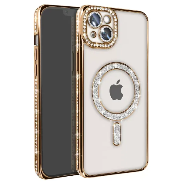Apple İphone 15 Kılıf Joke Simli Magneticsafe Kılıf - Gold