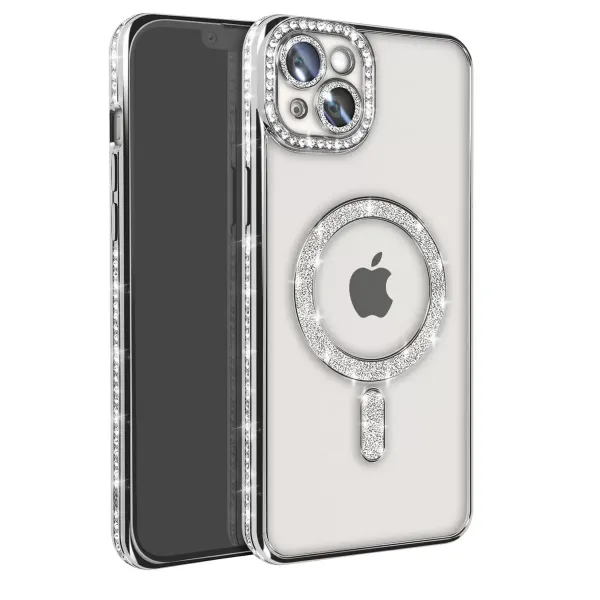 Apple İphone 15 Kılıf Joke Simli Magneticsafe Kılıf - Gümüş