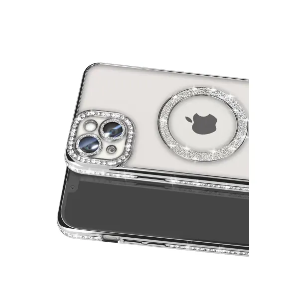Apple İphone 15 Kılıf Joke Simli Magneticsafe Kılıf - Gümüş