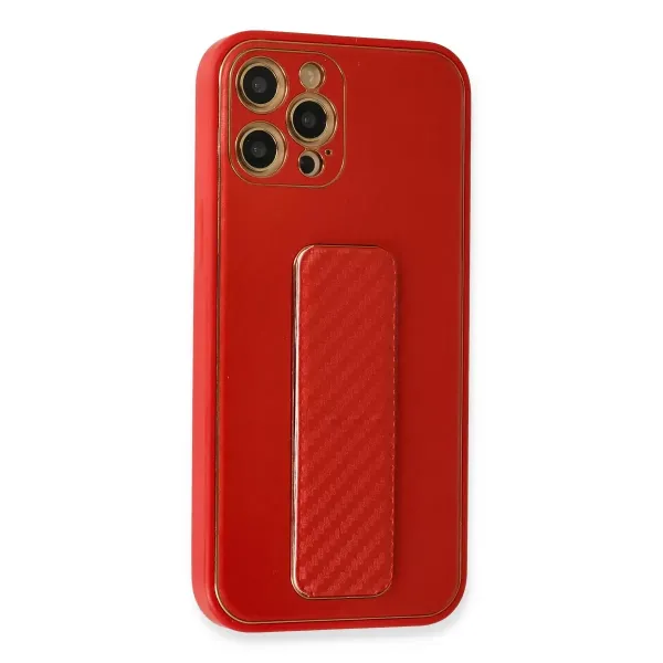 Apple İphone 12 Pro Kılıf Coco Karbon Standlı Kapak - Kırmızı