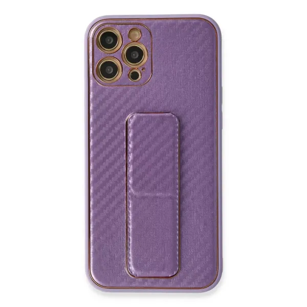 Apple İphone 12 Pro Kılıf Coco Karbon Standlı Kapak - Mor