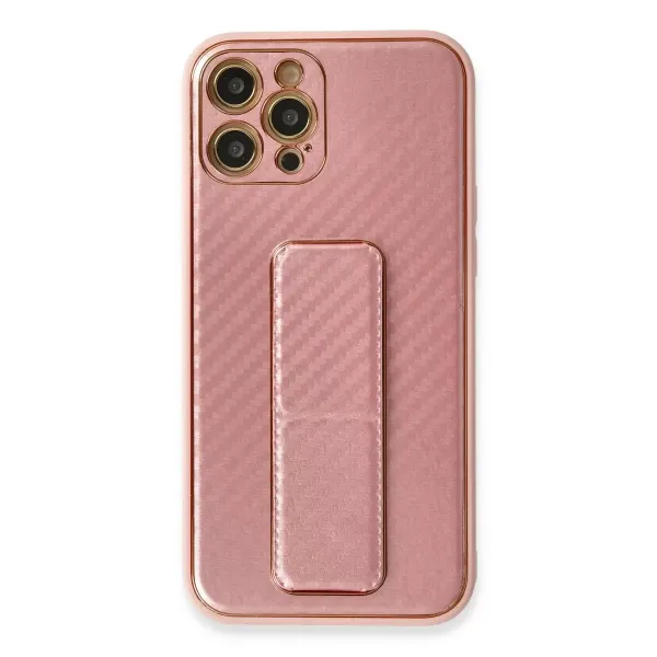 Apple İphone 12 Pro Kılıf Coco Karbon Standlı Kapak - Pembe