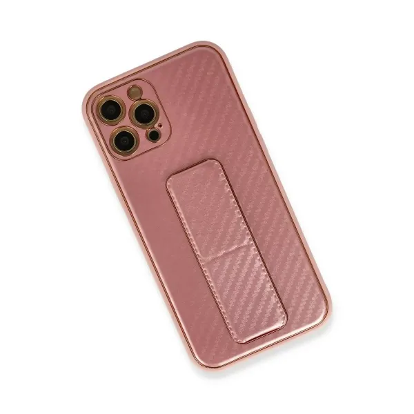 Apple İphone 12 Pro Kılıf Coco Karbon Standlı Kapak - Pembe