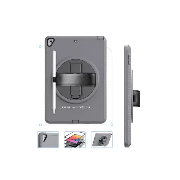 Apple İpad 10.2 (7.nesil) Kılıf Hand Strap Tablet Kılıfı - Gri