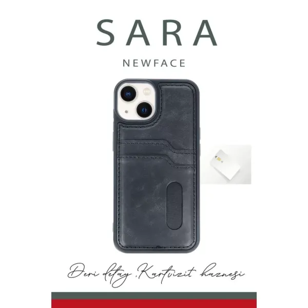 Apple İphone 14 Kılıf Sara Kartvizitli Deri Kılıf - Lacivert