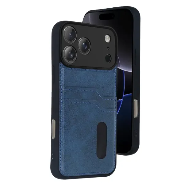 Apple İphone 17 Pro Sara Kartvizitli Deri Kılıf - Lacivert