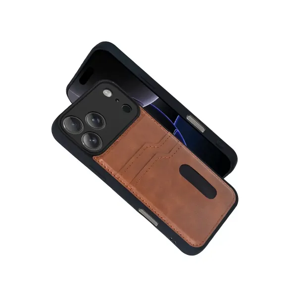 Apple İphone 17 Pro Max Sara Kartvizitli Deri Kılıf - Taba