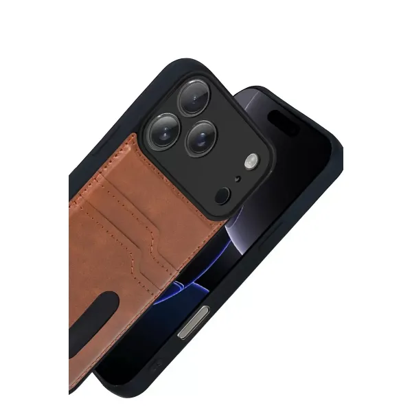 Apple İphone 17 Pro Max Sara Kartvizitli Deri Kılıf - Taba