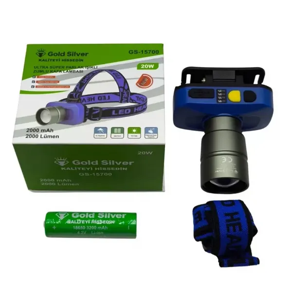 Gold Silver Gs-15700 20w 2000 Lümen Sarı Beyaz Işık Zoomlu Şarj Edilebilir Kafa Feneri