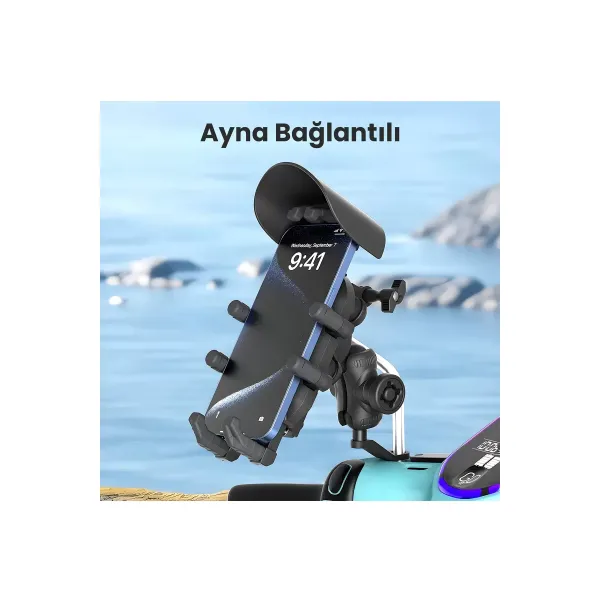 Ayna Bağlantılı Güneş Ve Yağmur Korumalı 360° Derece Ayarlanabilir Motosiklet Telefon Tutucu