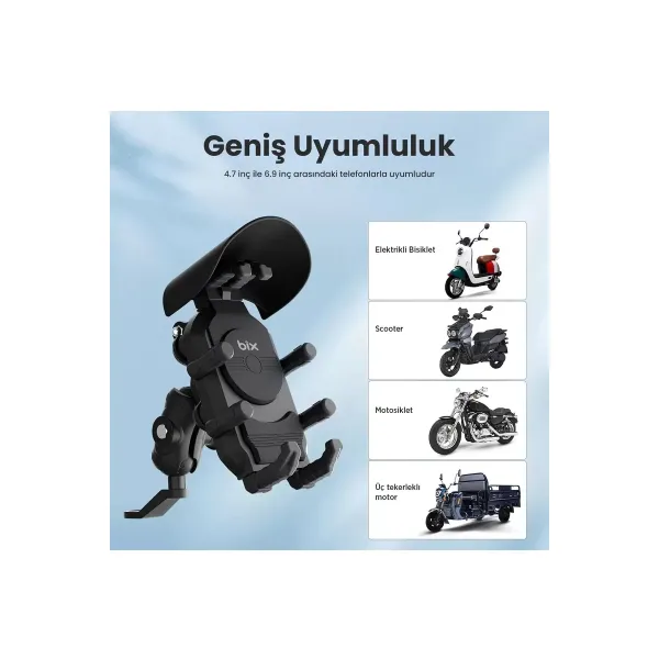 Ayna Bağlantılı Güneş Ve Yağmur Korumalı 360° Derece Ayarlanabilir Motosiklet Telefon Tutucu