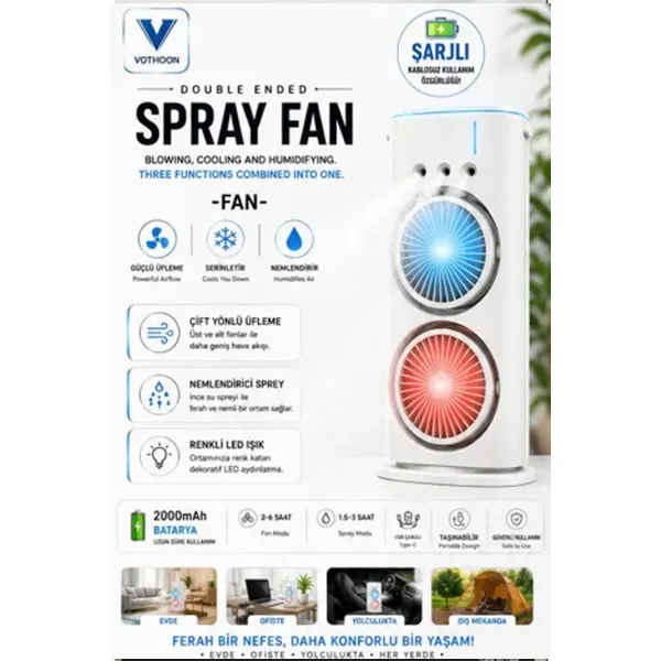 Çift Başlıklı Sprey Fan Nemlendirici Ve Renkli Led Işıklı Beyaz