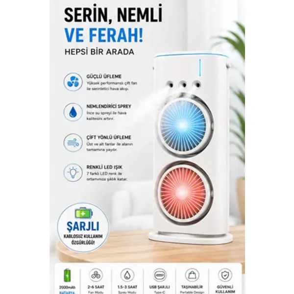 Çift Başlıklı Sprey Fan Nemlendirici Ve Renkli Led Işıklı Beyaz
