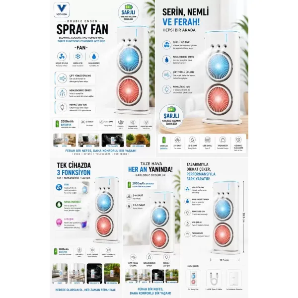 Çift Başlıklı Sprey Fan Nemlendirici Ve Renkli Led Işıklı Beyaz