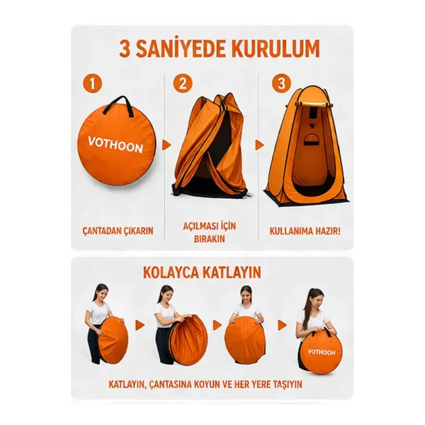Otomatik Kabin Giyinme Çadırı 120x120x190 Cm Üst Havalandırma Yan Pencereli Duş & Wc Çadırı