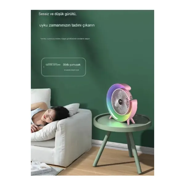 Masaüstü Vantilatör Usb Şarjlı Rgb Led Işıklı 3 Kademeli 180° Ayarlanabilir Soğutucu Fan Yeşil