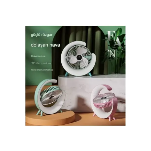 Masaüstü Vantilatör Usb Şarjlı Rgb Led Işıklı 3 Kademeli 180° Ayarlanabilir Soğutucu Fan Yeşil