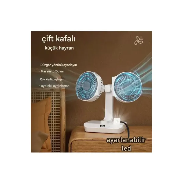 Masaüstü Dijital Ekranlı Çift Fanlı Led Işıklı Soğutucu Fan Ev Ofis Şarjlı Vantilatör