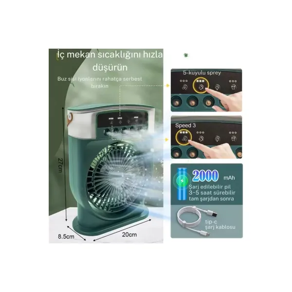 Şarjlı 600 Ml Su Hazneli Taşınabilir Masaüstü Vanilatör  Güçlü Fan Ve 2000 Mah Pil Siyah