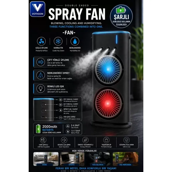 Çift Başlıklı Sprey Fan Nemlendirici Ve Renkli Led Işıklı Siyah