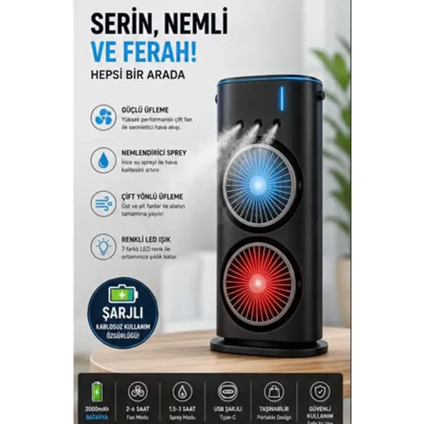 Çift Başlıklı Sprey Fan Nemlendirici Ve Renkli Led Işıklı Siyah