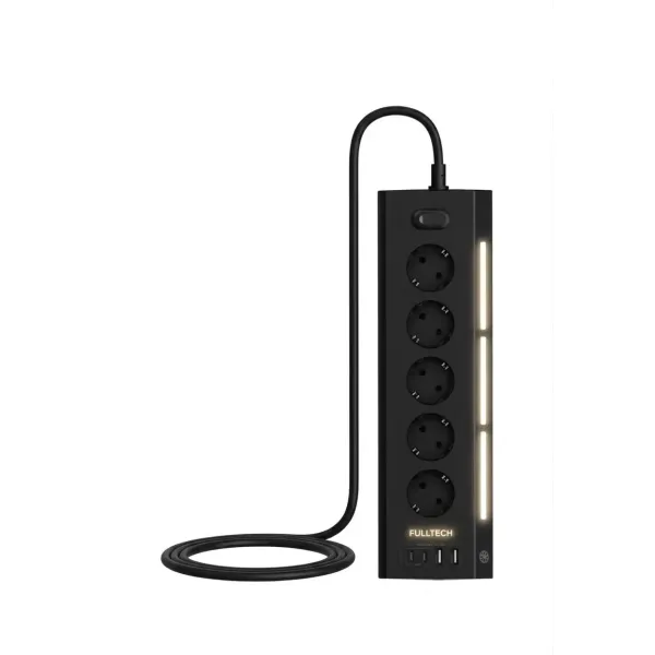 Akım Korumalı 5’li Priz 2xusb 2xtype-c Çıkış Dokunmatik Işıklı Akım Koruma Çoklu Priz Çoğaltıcı Siyah
