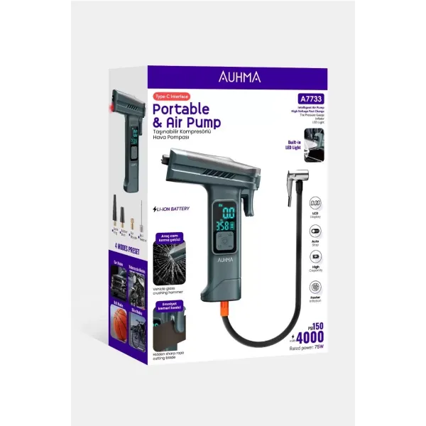Araba Hava Pompası 4’ü 1 Arada: Kompresör + Cam Kırıcı + Kemer Kesici + Led Işık Şarjlı 4000mah Araç Kompresörlü