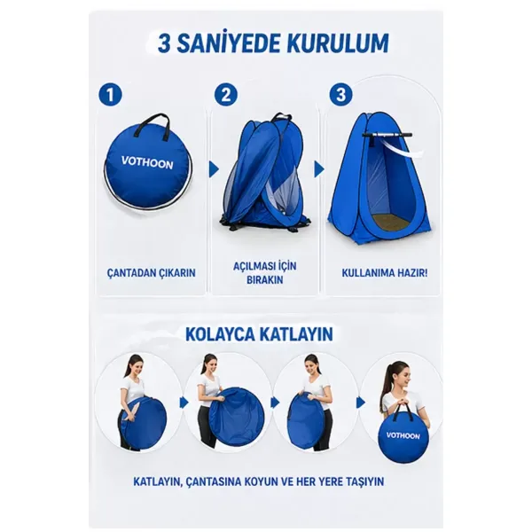 Otomatik Kabin Giyinme Çadırı 120x120x190 Cm Üst Havalandırma Yan Pencereli Duş & Wc Çadırı Mavi